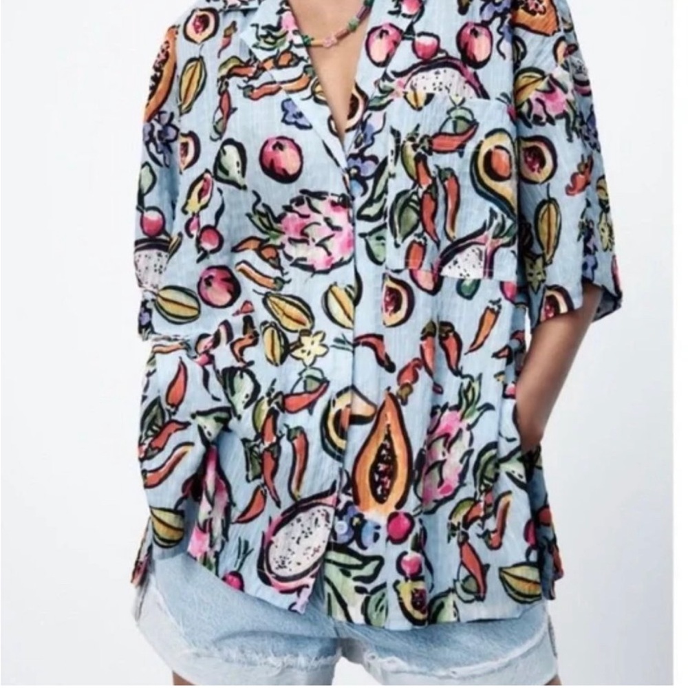 Zara - Fruit Print Oversized Button Down - Size S… - image 8